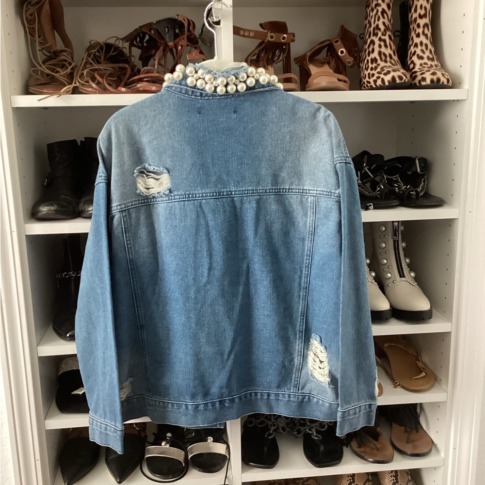 Distressed Blue Denim Jacket with Pearls - Picture 2 of 3
